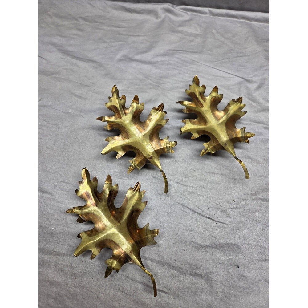 Vtg Home Interiors Brass Tone Oak Leaves Wall Art Hanging Decor 3 Pc Set MCM 7in